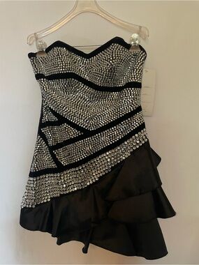 Precious Formals Black Strapless Mini Dress with Silver Crystal Detail